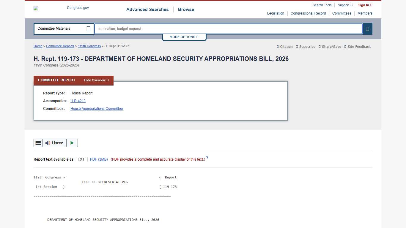 H. Rept. 119-173 - DEPARTMENT OF HOMELAND SECURITY APPROPRIATIONS BILL, 2026 Congress.gov Library of Congress